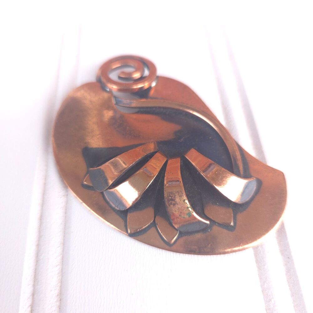 Vintage MCM Copper Brooch Abstract Flower Spiral Modernist Pin 2.75"